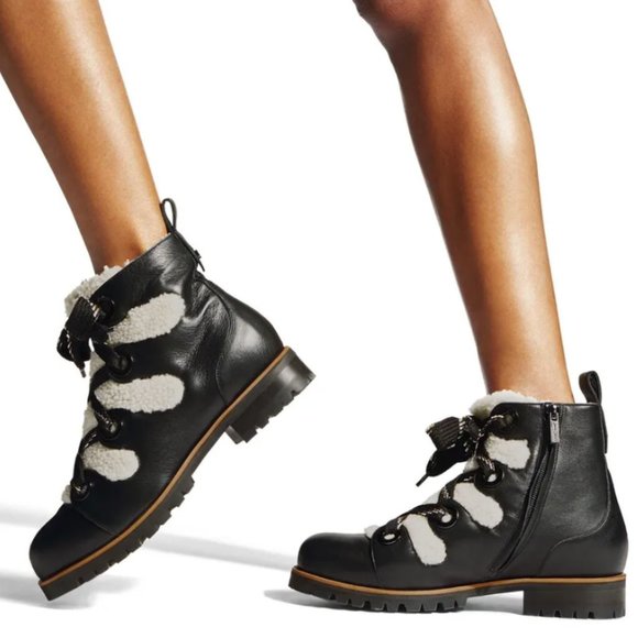 Jimmy Choo Bei Flat Black/Latte Smooth Leather with Shearling 35 (US 5)